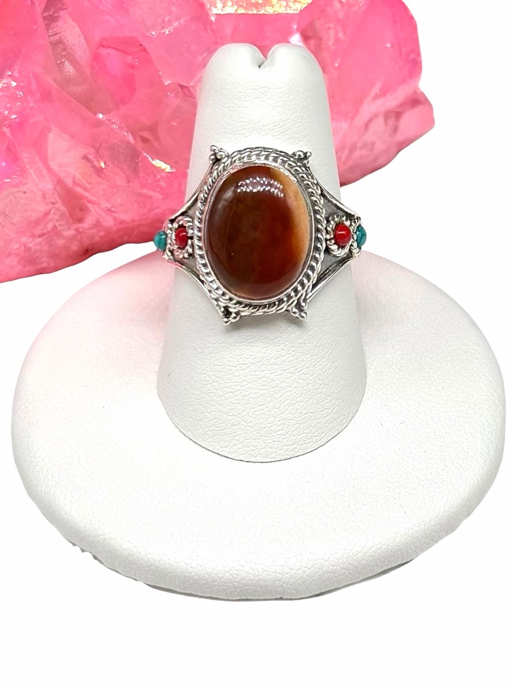 Red Moss Agate Coral & Turquoise Ring Size 7.5 Solid 925 Sterling Silver